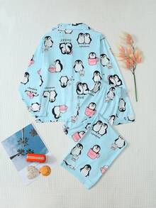 Girls Cute Bear All-Over Print Turn Collar Button Long Sleeve Top + Pants 2-Piece Pajama Set, Soft And Comfortable Loungewear, Suitable For 8-12 Years Old - Blue - View 4