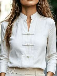 Spring/Autumn Solid Color Elegant New Chinese Style Stand Collar Frog Button Casual Versatile Shirt - White - View 1