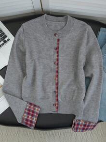 Women's Vintage Plaid Contrast Trim Knit Cardigan, Grey Round Neck Red Plaid Cuffed Short College Style Sweater Jacket - Grey - View 7