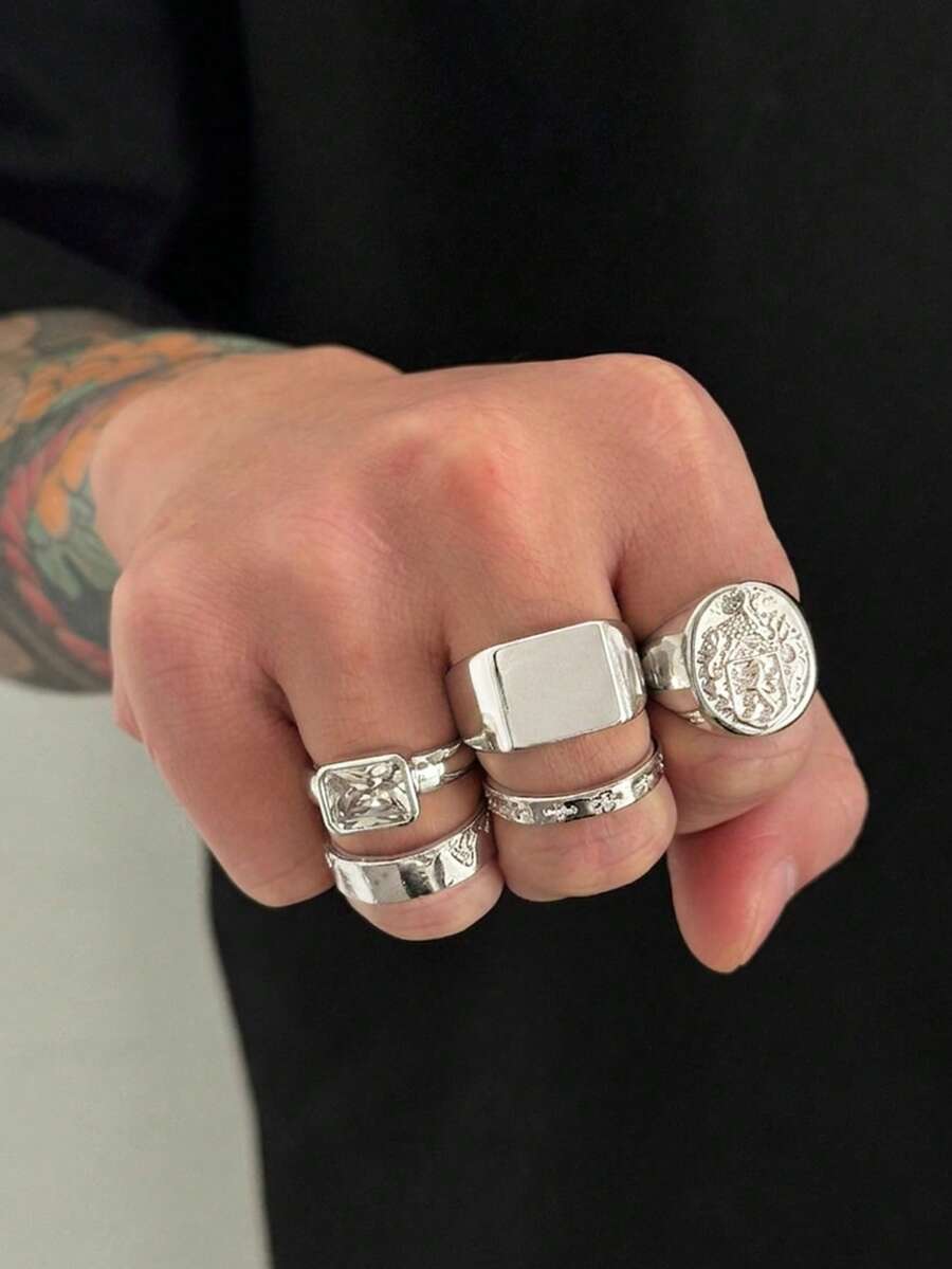 Bộ 5 nhẫn nam kim loại hình đồng xu hình học phong cách vintage, đính đá rhinestone sang trọng, trang sức nhiều lớp xếp chồng, quà tặng lý tưởng