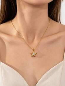 1pc European & American Fashion Five-Pointed Star Pendant Necklace, Stainless Steel Necklace, Suitable For Daily Wear - Star Zirconia Necklace - View 2