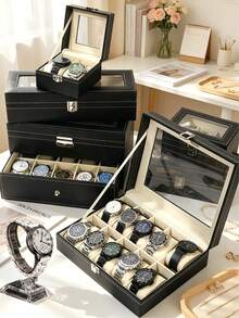 1/2/3 6/10/12 Slots Watch Box With Lock, Glasses & Jewelry Storage Watch Organizer Box - Multicolor - View 3