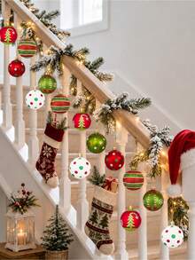 12pcs/Set Christmas Shatterproof Ball Ornament Set, 6cm Glitter Hanging Christmas Tree Balls, Red & Green Polka Dot Snowflake Christmas Tree Pattern Printed Pendants, Suitable For Holiday Party Home Fireplace Window Christmas Tree Decoration Gift - A - View 5