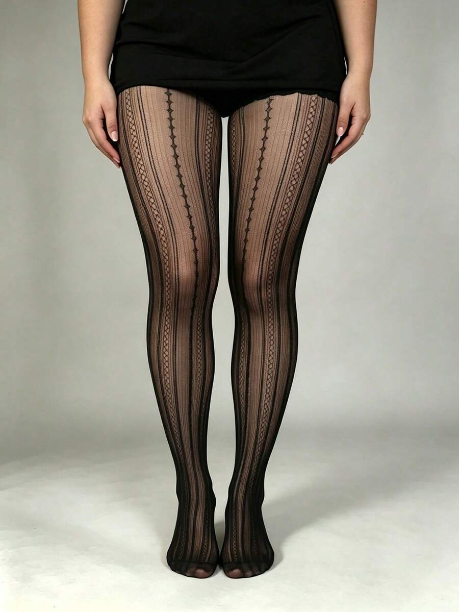 1 Pair Plus Size White Mesh Lace Jacquard Floral Sexy Unique High Elasticity Pantyhose - Black - View 1