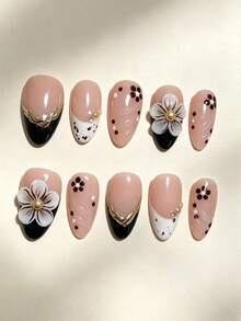 10pcs Kuku Tempel Premium Gaya Prancis Motif Bunga Leopard 3D, Manis, Keren, dan Gelap, Model Almond Pendek Terlaris, Cocok untuk Sehari-hari, Pesta, dan Kencan - Hitam dan Putih - View 3