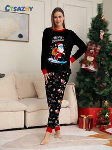 Christmas Ski Santa Print,Contrast Color Long Sleeve Top & Pants Pajama Set,Women Pjs Sleepwear,Black,Autumn,Cute,Sleep - Black - View 2