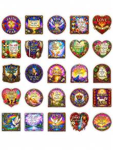 50Pcs Aesthetic Stained‑Glass Bible Text Stickers, Christian Faith Religious Quote Waterproof Decals, Colorful Decor Stickers For Journal, Scrapbook, Water Bottle, Laptop - Multicolor - View 7