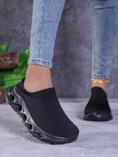 Pure Black Wide Upper Knit Slip-On Couple Sports Shoes, No-Bend Slip-On Design, Hollow Shock-Absorbing Thick Sole Wide Fit Unisex Commuter Walking Shoes