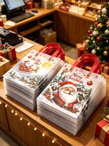 3pcs Christmas Theme Plastic Gift Bags, Santa Claus Reindeer Sleigh Pattern Christmas Party Gift Packaging Bags, Christmas Theme Party Decoration Bags - Multicolor - View 3