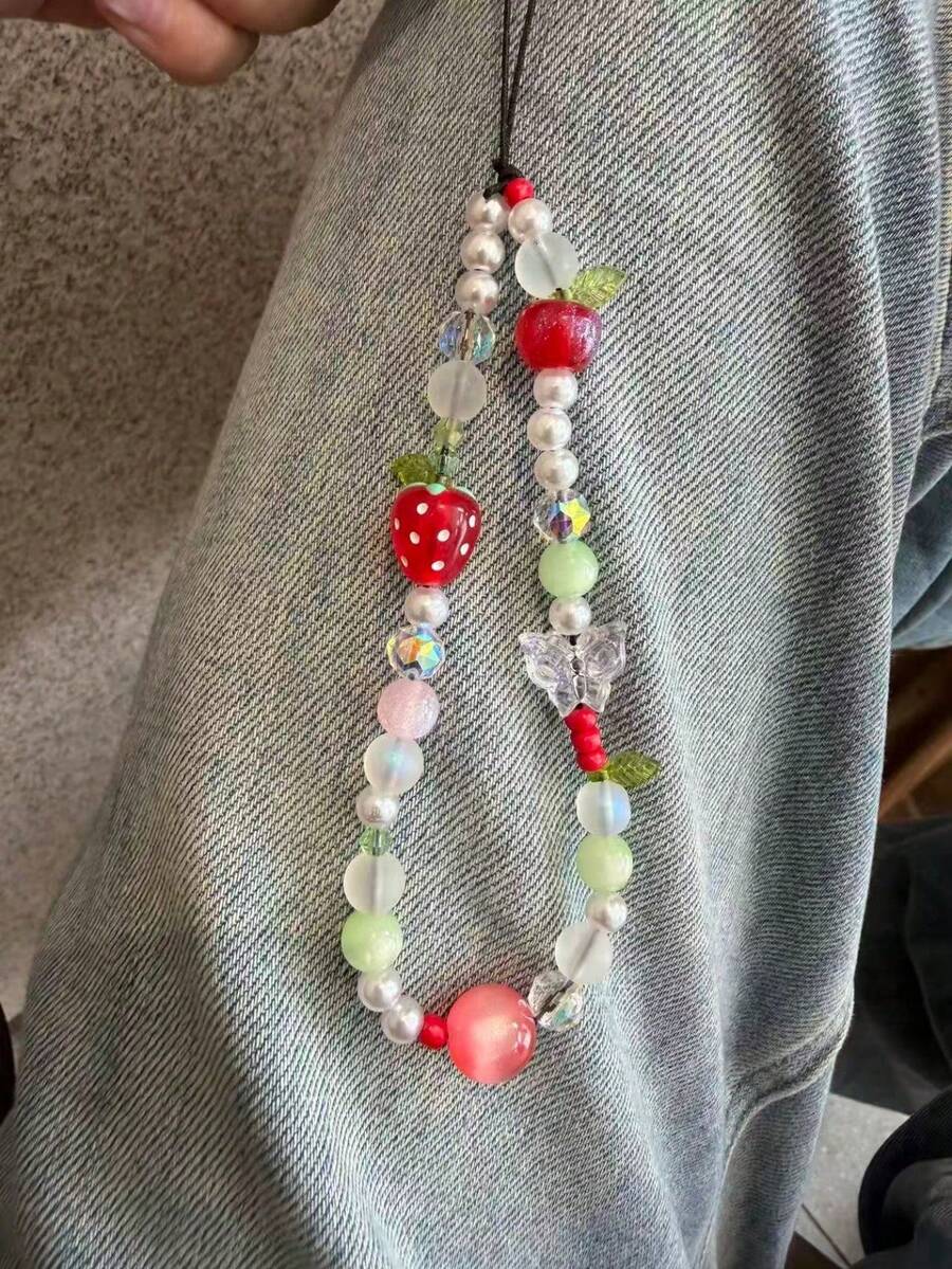 Pink & Red Strawberry Phone Lanyard, Butterfly Wrist Strap Lanyards, Camera & Phone Decoration - Multicolor - View 1