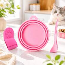 3 Pieces Silicone Pet Food Can Lid, Spoon And Can Opener; Portable Cat And Dog Food Storage Can Lid; Airtight Lid; Pet Health Supplies - Pink - View 3