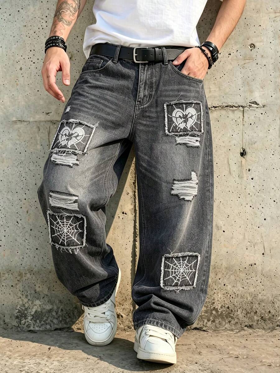 Men's Dark Grey Acid Wash Spider Web Broken Heart Patch Embroidered Distressed Ripped Loose Wide Leg Jeans
