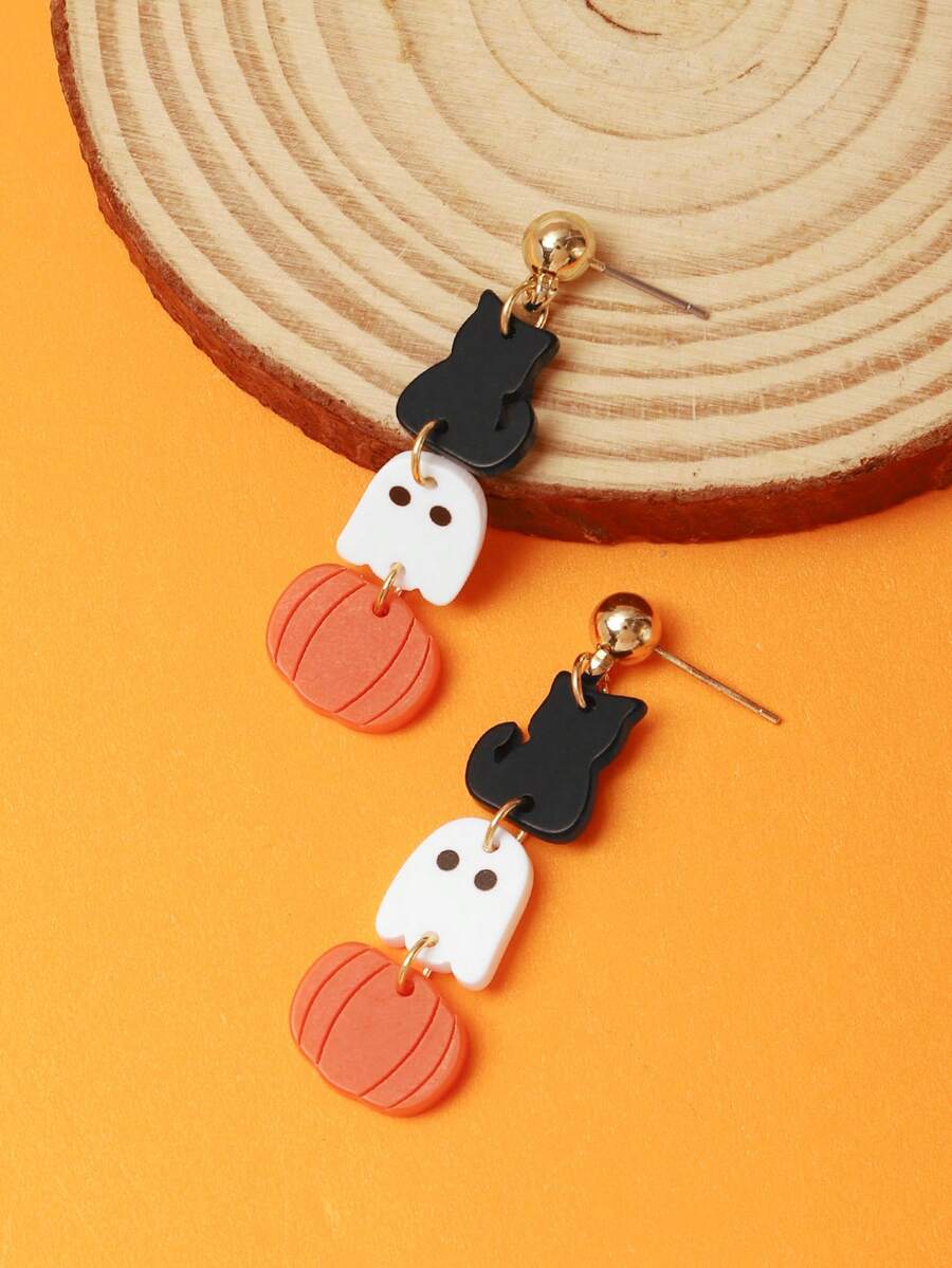 1 Pair Halloween Design Cute Black Cat, Ghost, Pumpkin Pendant Earrings For Women - Multicolor - View 1