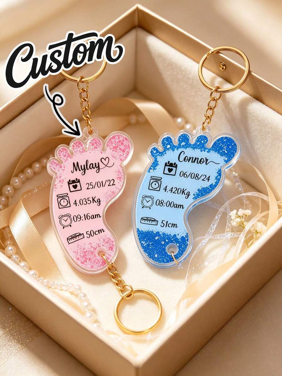 1pc Customized Foot-Shaped Acrylic Keychain, Personalized Text Date Weight Key Ring, Custom Commemorative Souvenir Gift, Suitable For Family