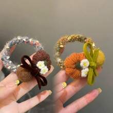 Vintage Crochet Pumpkin Flower Hair Tie, Fabric Bow Decor Elastic Hair Scrunchie, Adult Daily Ponytail Hair Accessory - Multicolor - View 4