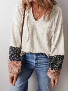 Women's Bohemian Textured V-Neck Long Sleeve Top, Drawstring Detail, Raglan Sleeve Plus Size Blouse, Autumn/Winter - Beige - View 1