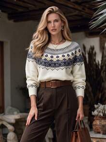 NiceArt Women's Loose Fair Isle Geometric Pattern Sweater With Faux Collar, Wool Blend, Elegant Vintage Style For Autumn/Winter, Suitable For Holiday, Office, Date, Party Wear - Multicolor - View 3