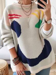 Plus Size Women Cream Round Neck Happy Face Graphic Sweater Colorful Smile Pattern Knit Pullover Long Sleeve Soft Warm Top Autumn Winter Cute - Khaki - View 5