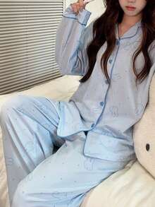 Gongdie 2 Pieces Miffy Women's Pajama Set,Fall Blue Polka Dot Soft Cotton Loungewear With Pocket - Baby Blue - View 1