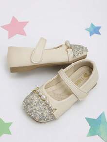 1 đôi giày ballet cho bé gái màu be đính đá rhinestone và ngọc trai, khóa dán, phù hợp biểu diễn, dự tiệc và mặc hàng ngày - Màu be - Xem 4