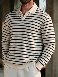 Men's Autumn/Winter Casual Striped Knit Sweater, Turn-Down Collar, Loose Fit, Horizontal Stripes, Color Block, Pullover Long Sleeve Polo Base Layer - Apricot - View 5