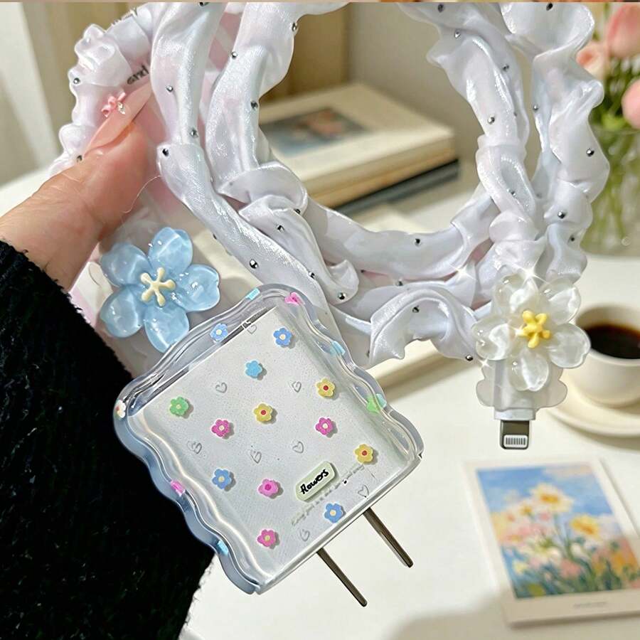Floral Pattern Charger And Cable Protection Set, Durable Apple 18-20W Charging Cable Protective Case, Anti-Breakage Cable Organizer - Multicolor - View 1