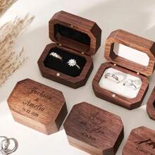 1 Piece Personalized Octagonal Walnut Two‑Slot Ring Box, Custom Unique Ring Box For Proposal, Engagement, Wedding And Anniversary - Multicolor - View 4