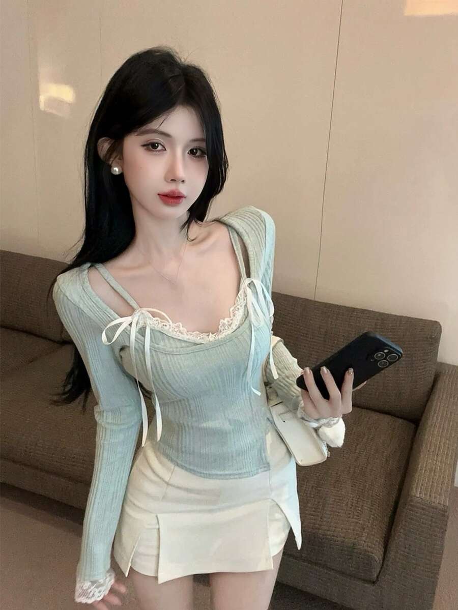 Women's Long Sleeve Knit Sweater, Slim Fit Inner Layer, Lace Bow Camisole Top, 2 Pieces Set, Autumn/Winter - Green - View 1