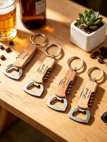 Laser Engravable Wooden Multi-Function Bottle Opener Keychain, Dual-Use Beer And Wine Opener Tool With Wine Corkscrew, Metal Key Ring For Keys And Backpacks, Premium Natural Wood Handle With Durable Rust-Resistant Metal Parts, Sturdy Craftsmanship, Supports Custom Name, Anniversary, And Personalized Message, Compact And Portable For Home Gatherings, Outdoor Camping, And Party Dinners - Apricot - View 2