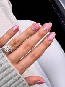 30pcs Y2K Short Oval Cat Eye Press-On Nails, Lotus Pink Nails With Polka Dot Pattern, Acrylic False Nail Set, Includes 1pc Jelly Glue And 1pc Nail File, Crystal Cat Eye Nails - Multicolor - View 2
