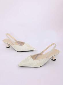 Women's Beige Floral Jacquard Slingback Pumps, Pointed Toe Elastic Back Strap Kitten Heel Sandals, Elegant Daily Commute Dress Shoes - Beige - View 2