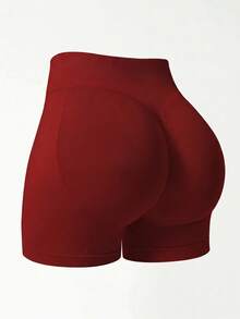 女款休閒運動無縫提臀高腰短褲，純色柔軟修身運動緊身褲，適合瑜珈、健身房、日常穿著、跑步 - 酒紅色 - 查看 4