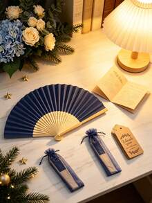 Handmade Paper Folding Fan With Gift Bag And Thank You Card, Bamboo Handheld Folding Fan, Home DIY Office Decor, Wedding Party Baby Shower Party Gift Accessory (Navy Blue) - Navy - View 8