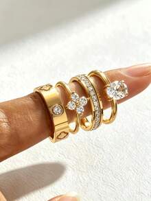 4pcs 18K Gold Plated Stainless Steel Ring Set, Stackable Rings, Clover Design, Ins Style, Waterproof Jewelry, Elegant Rings, Gemstone Rings, Gold Tone Jewelry Set, Exquisite Gift - Gold - View 1
