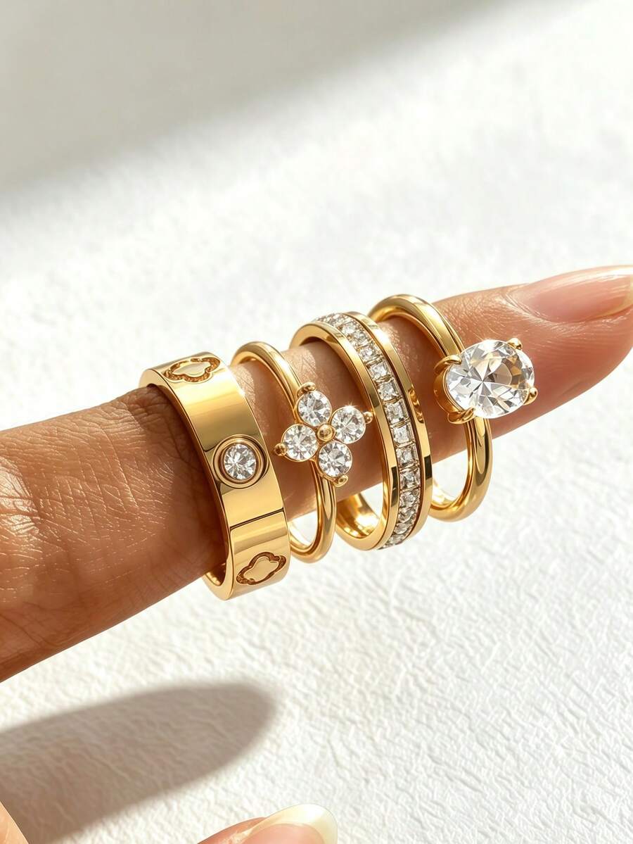 4pcs 18K Gold Plated Stainless Steel Ring Set, Stackable Rings, Clover Design, Ins Style, Waterproof Jewelry, Elegant Rings, Gemstone Rings, Gold Tone Jewelry Set, Exquisite Gift - Gold - View 1
