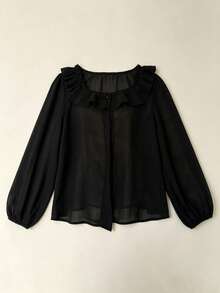 2026 New Ruffled Front Button Square Collar Blouse, Unique Design Sheer Aesthetic For Women Black - Black - View 3