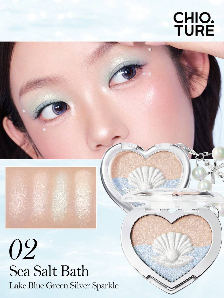 CHIOTURE Seashell Sweetheart 三色高光盤,打造水潤光澤肌,提亮臉部與內眼角,白色搭配紫色細閃,鑽石般閃耀,緞面珍珠光澤,奶油慕斯質地,多功能配色盤,適合初學者 - 02 海鹽 - 查看 1