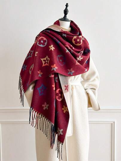 1pc Geometric Floral Print Tasseled Thick Scarf 65*200cm, Polyester Faux Cashmere, Fall Winter Shawl For Travel Party Outing, Wear As Scarf Shawl