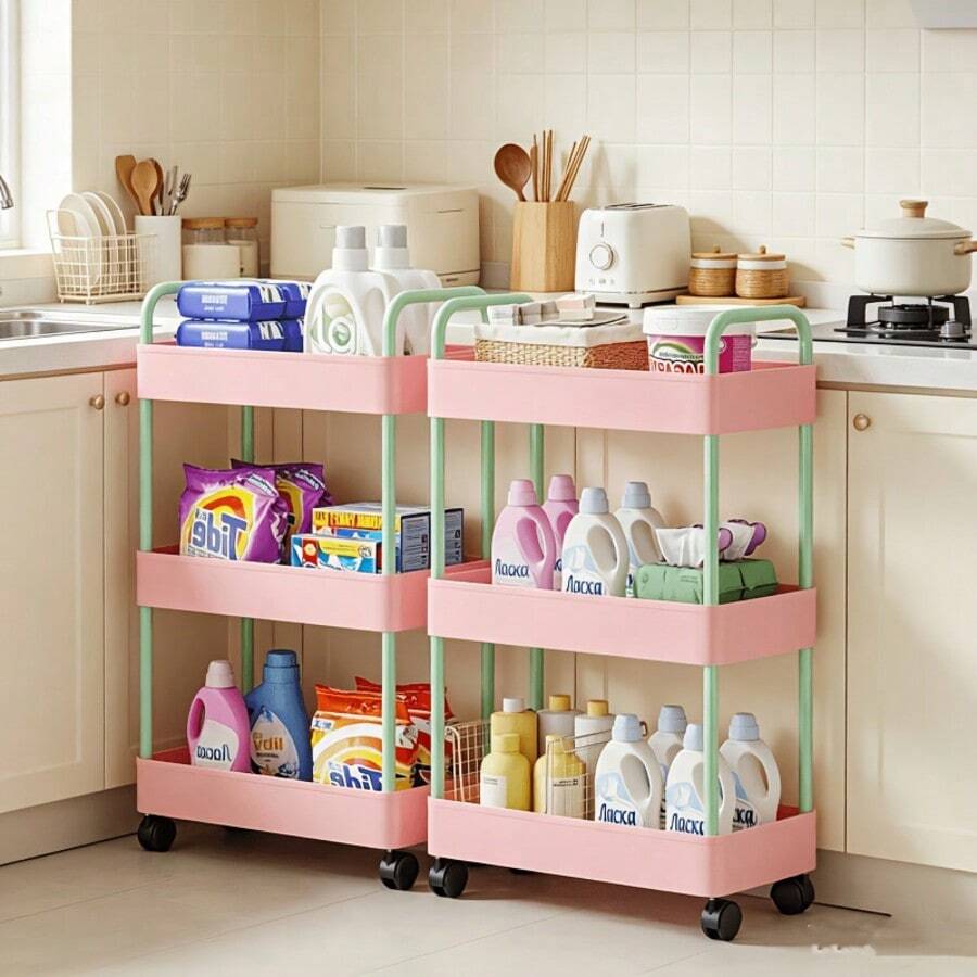 1pc Rolling Bathroom Storage Rack, Multi-Layer Plastic Organizer Cart, Space-Saving Mobile Storage Shelf, Floor-Standing Multi-Layer Mobile Snack Storage Rack, Suitable For Kitchen, Bathroom, Holiday Party, Back To School, Halloween And Christmas