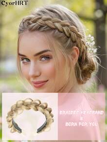 14 Inch Synthetic Woven Headband, Stretchable Braided Hairband, Black, Dark Brown, Gold, Reddish Brown, Multi-Color Handmade Fashion Woven Headband With Elastic Teeth, Suitable For Women's Daily Wear, Carnival And Various Festivals - Multicolor - View 14