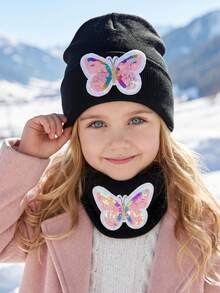 3pcs 3-15Y Embroidered Sequin Bow Knit Hat + Scarf 2-Piece Set, Solid Color New Style Hat Set - 2PCS - View 8