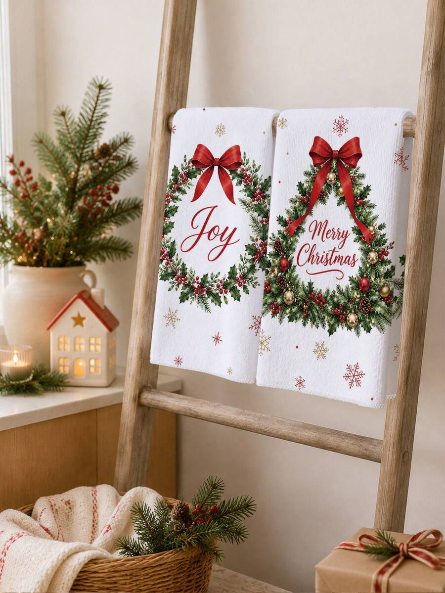 2PCS Kitchen Towel, Christmas Minimalist Snowflake Wreath Pattern Kitchen Towel Dish Cloth, Minimalist Style 40*60cm Rectangular Microfiber Cleaning Kitchen Towel, Perfect For Kitchen, Dining Room And Bathroom Use, Kitchen Decoration, Home Decor, Neighbor Housewarming Gift, Dish Cloth - White - View 1