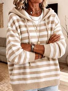 Women's Elegant Hooded Striped Long Sleeve Knit Sweatshirt, Soft And Warm - Apricot - View 3