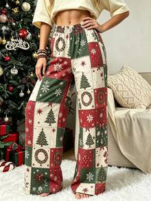Christmas Print Loose Sweatpants, High Waist Snowflake Tree Wreath Pattern Casual Pants, Women's Holiday Long Pants - Multicolor - View 4
