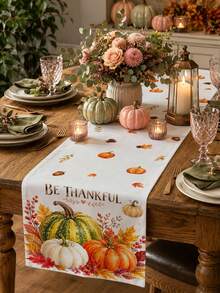 Thanksgiving Autumn Kitchen Decor Table Runner BE THANKFUL Watercolor Pumpkin Pattern Rustic Country Style Autumn Holiday Dining Table Decoration Maple Leaf Berry Pinecone Candle Print Tablecloth Restaurant Kitchen Home Decor - Multicolor - View 2
