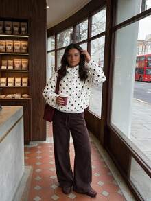 Jaket Wanita Motif Polkadot Merah Muda dan Hitam dengan Kerah Tegak, Atasan Serbaguna dengan Tali Serut Longgar, Cocok untuk Musim Semi dan Gugur - Putih - View 6