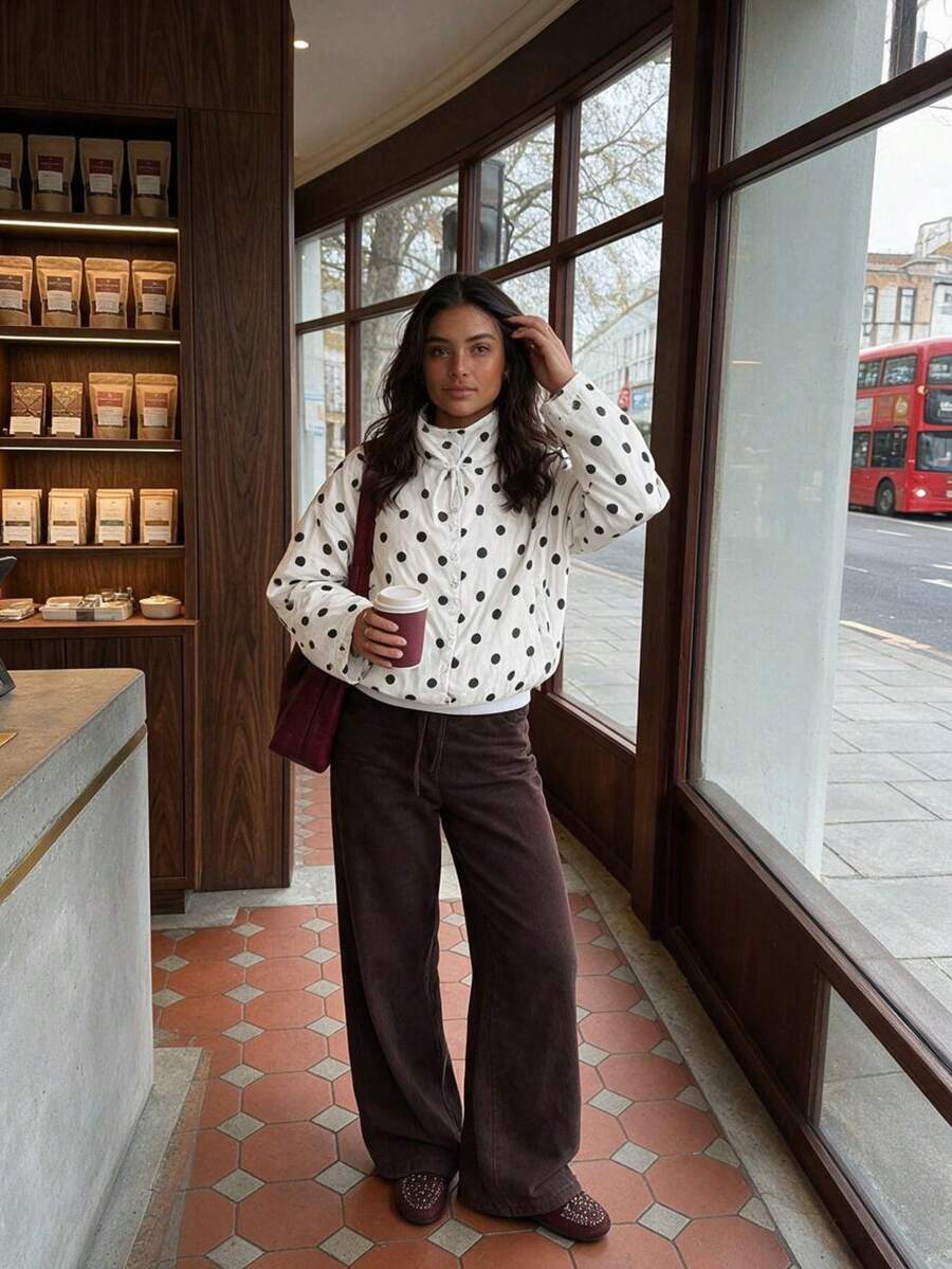 Women's Pink And Black Polka Dot Stand Collar Jacket, Loose Drawstring Utility Top, Suitable For Spring And Autumn - White - View 1