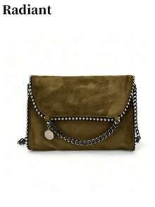 Women Envelope Crossbody Bag Solid Color Suede Fabric Rivet Trim Chain Strap Pendant Decor Medium Capacity Chic Style For Women Party Daily Use - Green - View 7