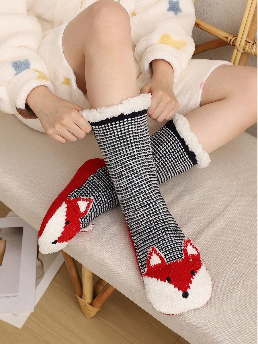 1 Pair Women's Fuzzy Socks, Thick Fleece Mid-Calf Socks, Christmas Gift For Women In Autumn And Winter - Red - View 1