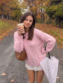 Halloween Academy Style Gentle & Sweet, Pink Cable Knit Sweater, Loose Fit Autumn Back To School Outfit - Pink - View 5